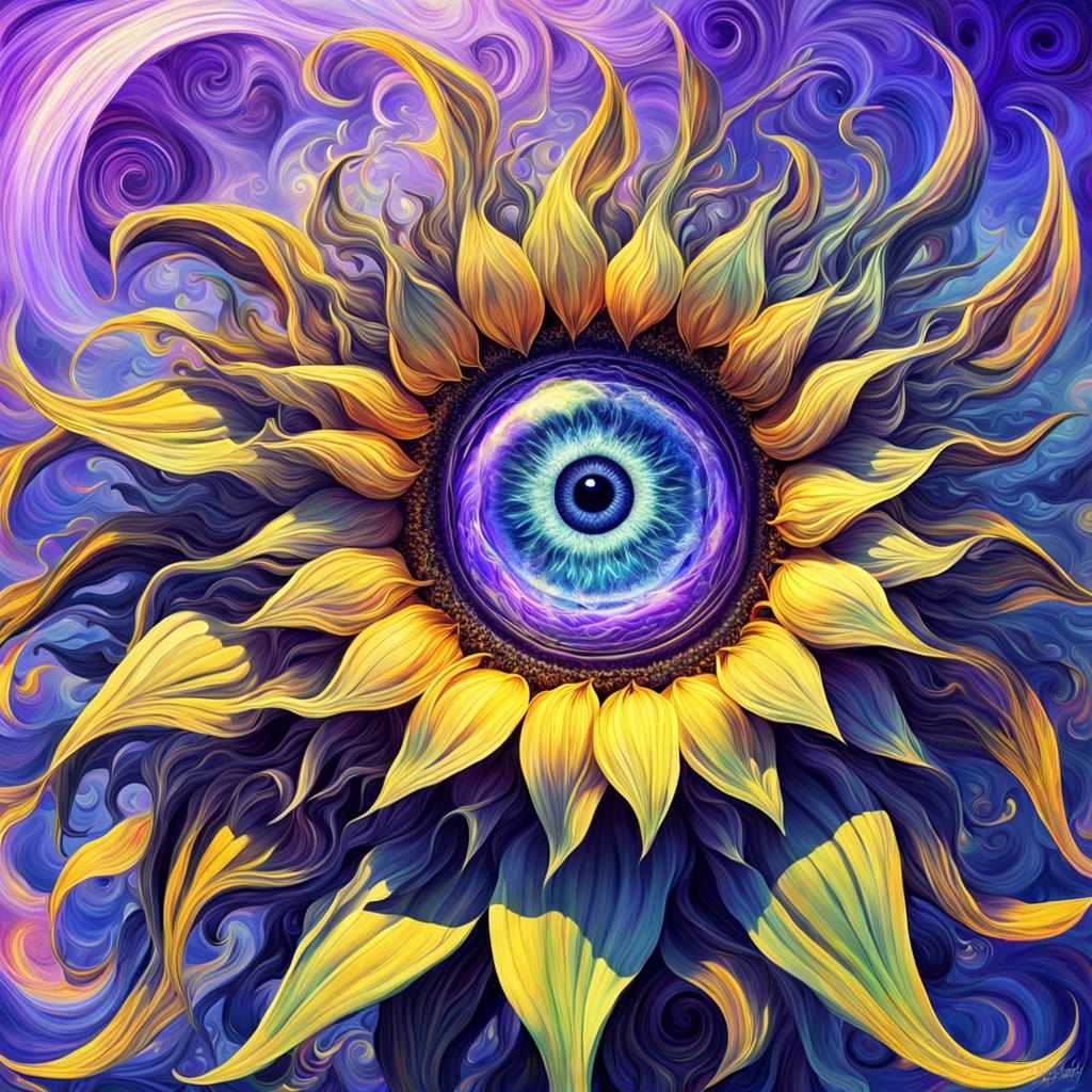 Surreal Sunflower God with Iridescent Petals
