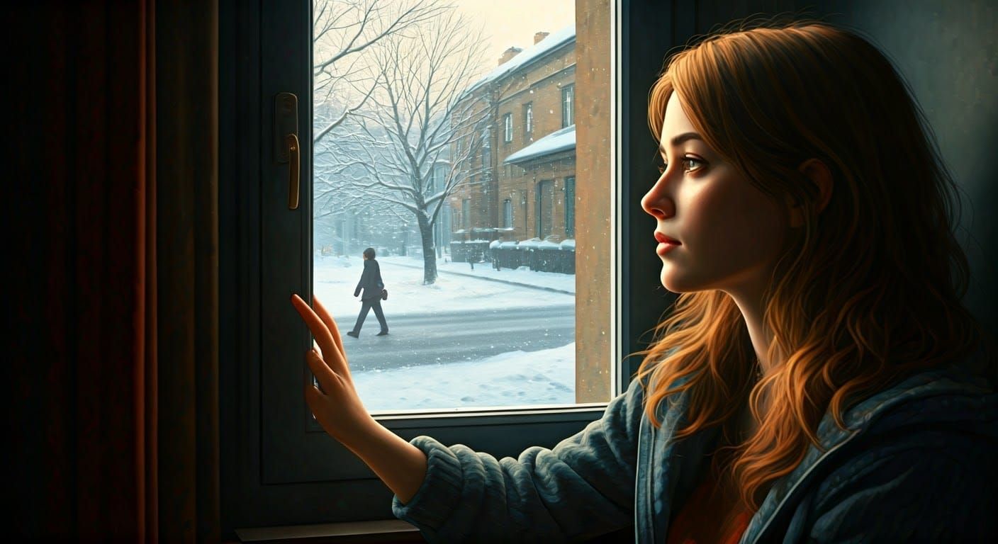 Woman Lost in Thought by Frosty Window