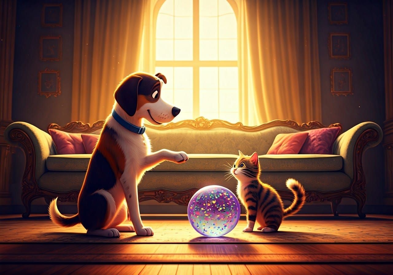 Playful Dog and Cat in Sunlit Living Room