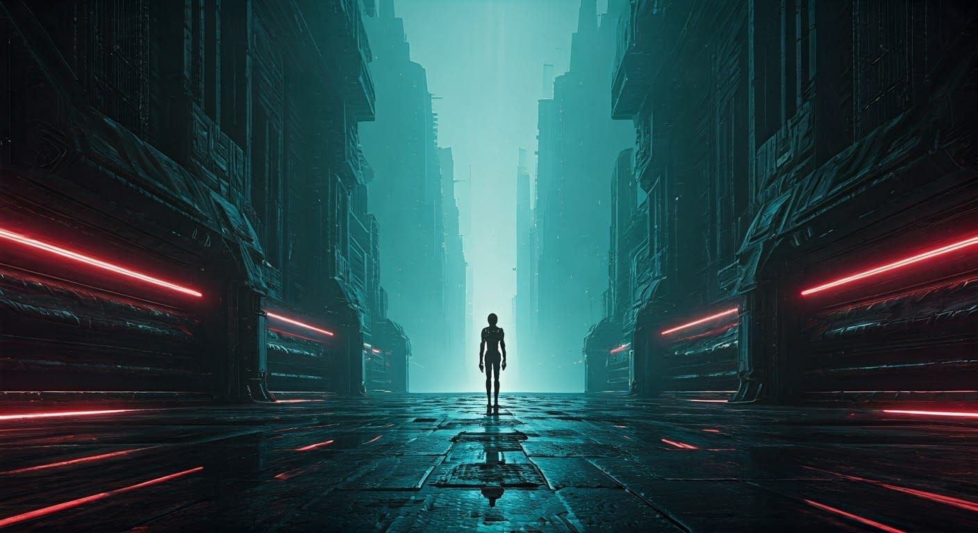 Neon Cityscape with Tribal Robots in Cyberpunk Style