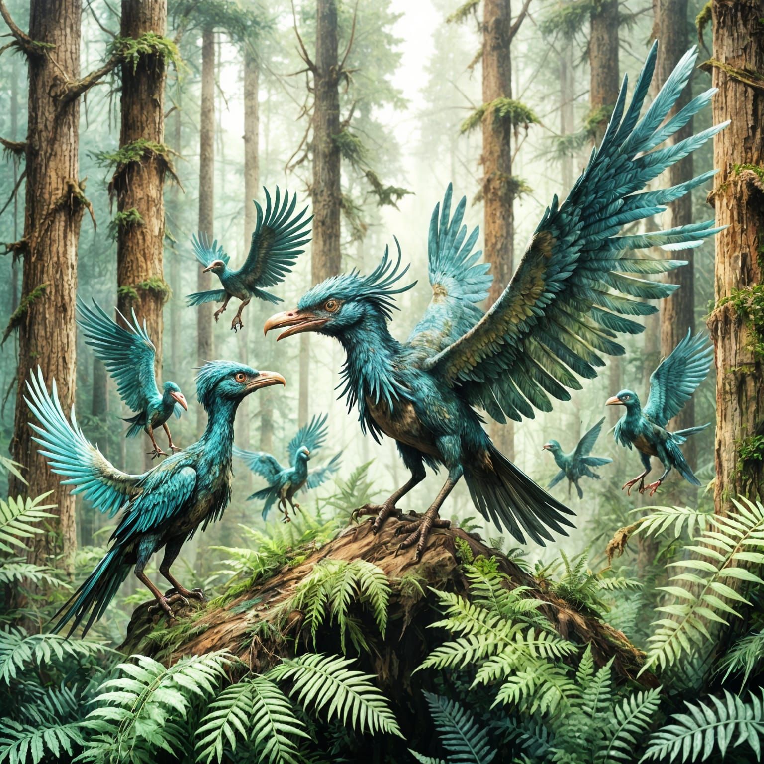 Archaeopteryx Flock in Jurassic Forest, Watercolour Style