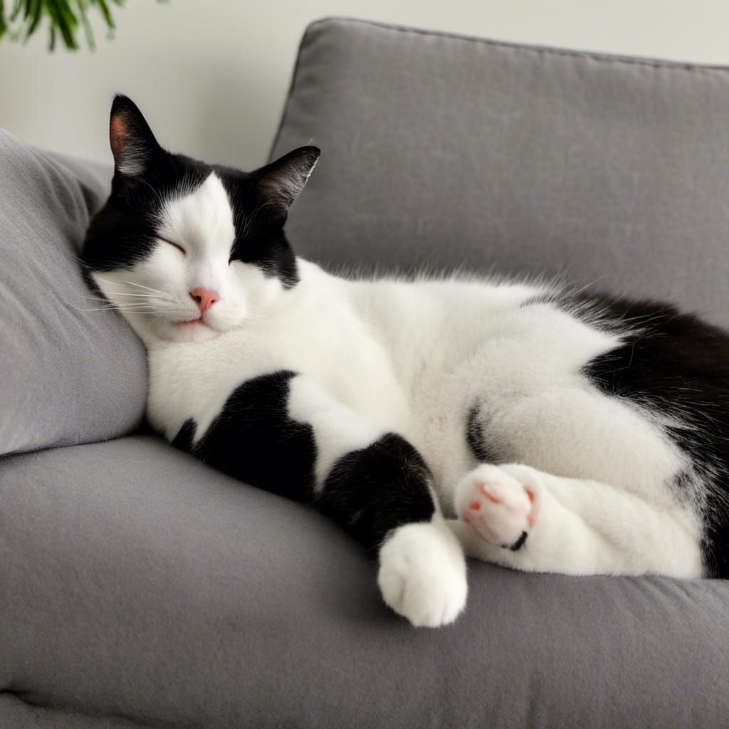 Black and White Cat Sleeping on Grey Sofa