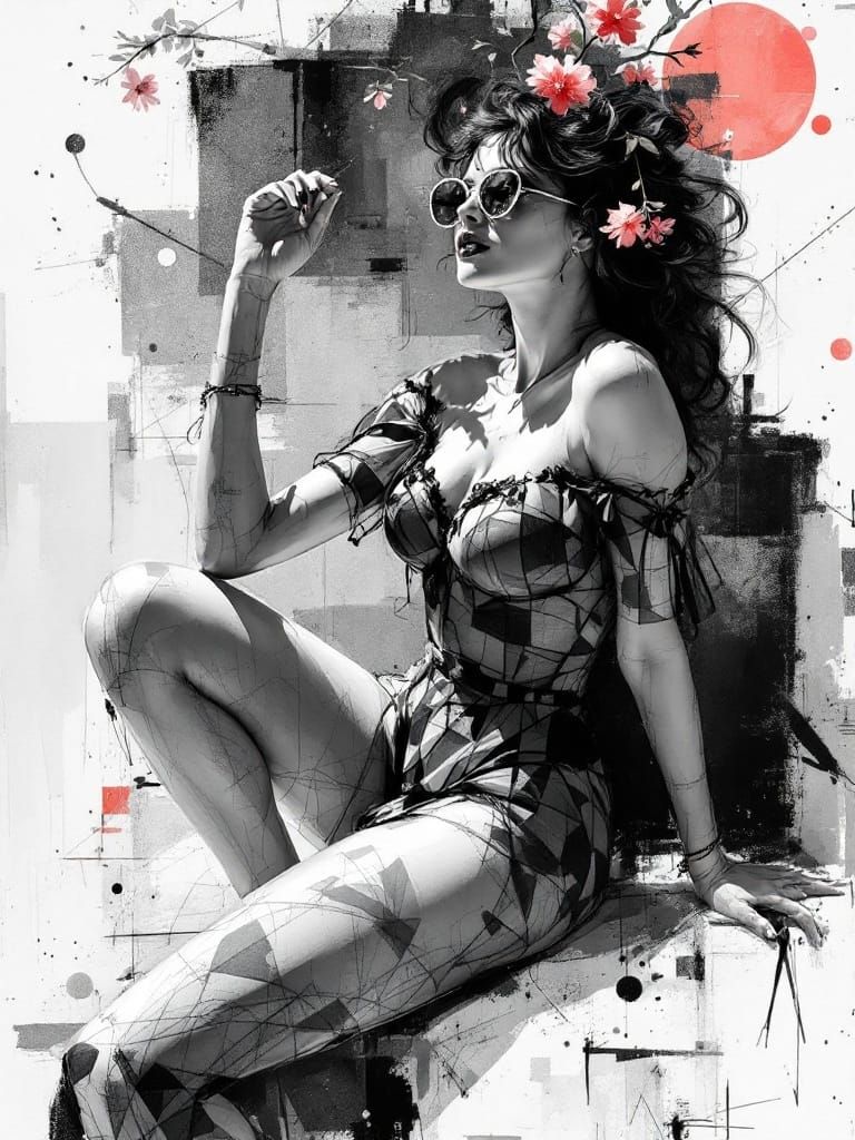 Elegant Pin-Up Garden Scene Charcoal Sketch