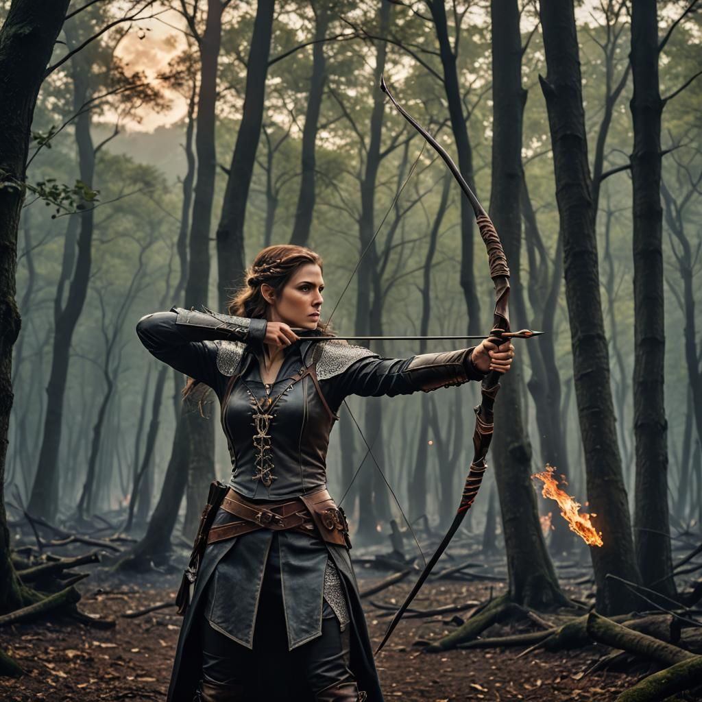Medieval Archer with Burning Arrow in Forest