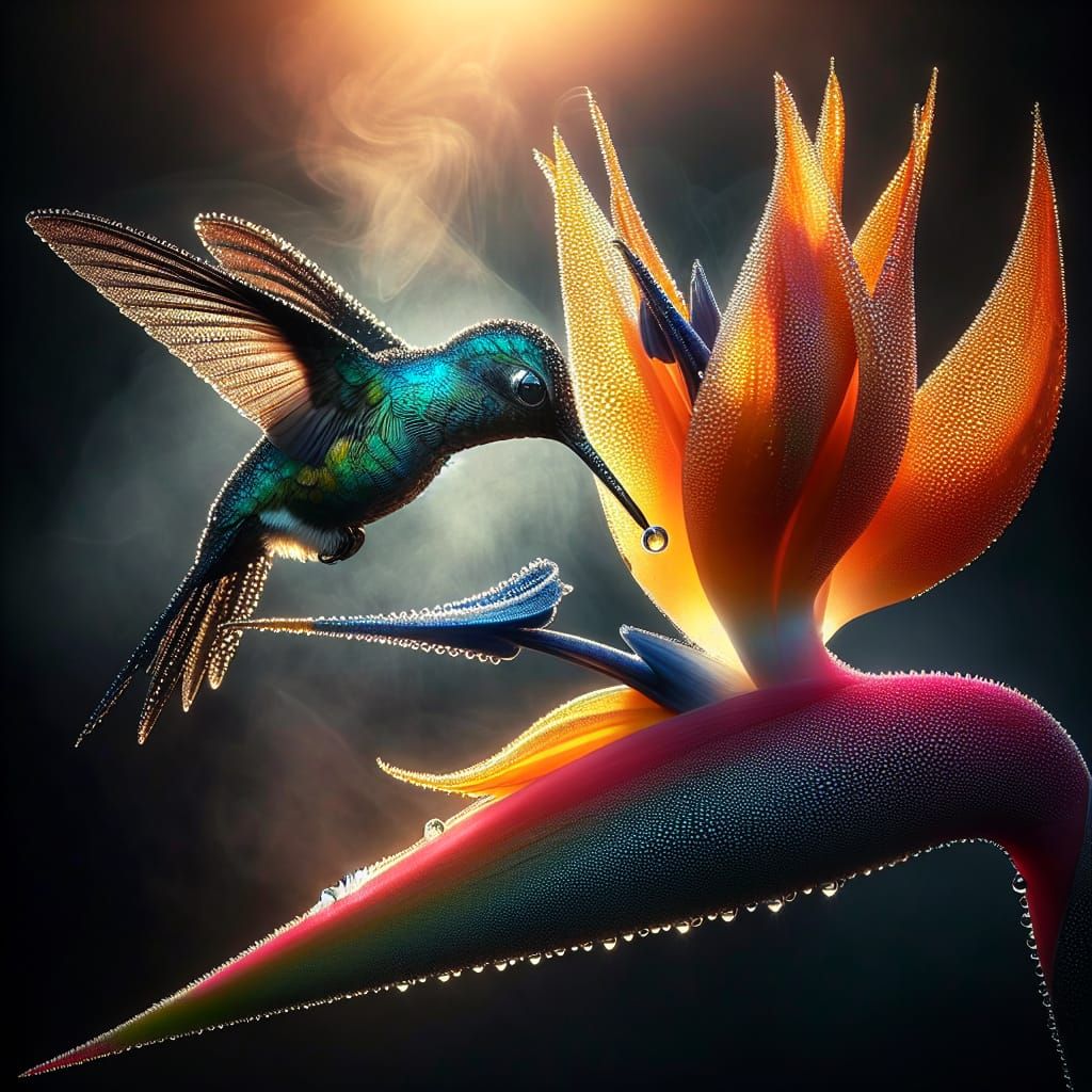 Iridescent Hummingbird Sipping Nectar in Gentle Flight