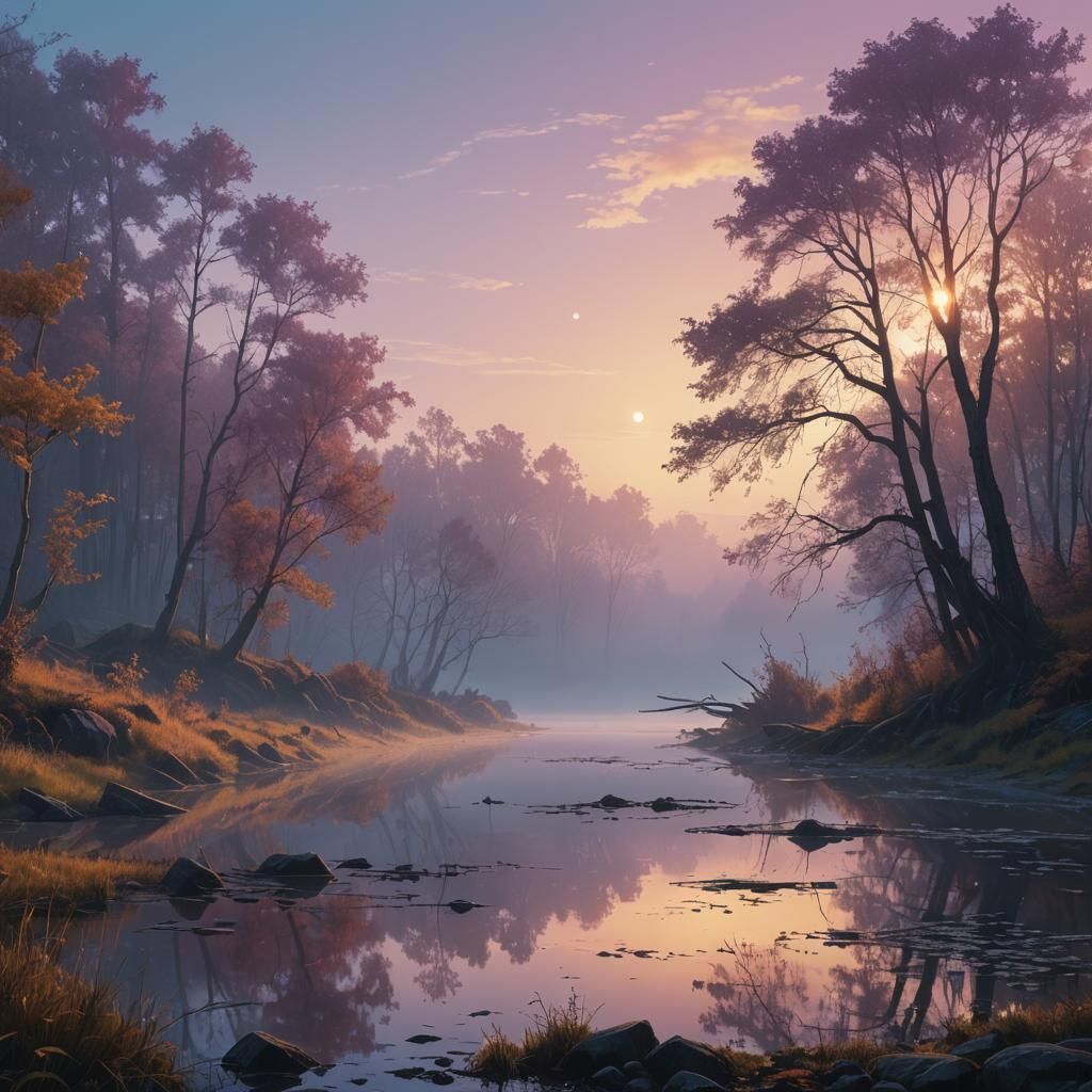 Tranquil Riverbank at Dawn: Fantasy Landscape