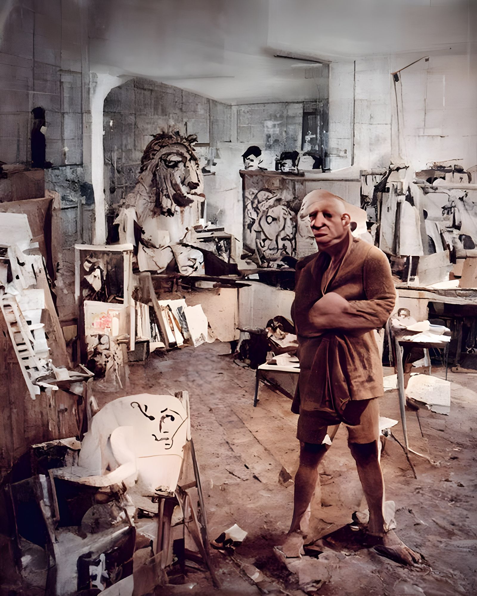Picasso with Lion's Head in Paris Atelier