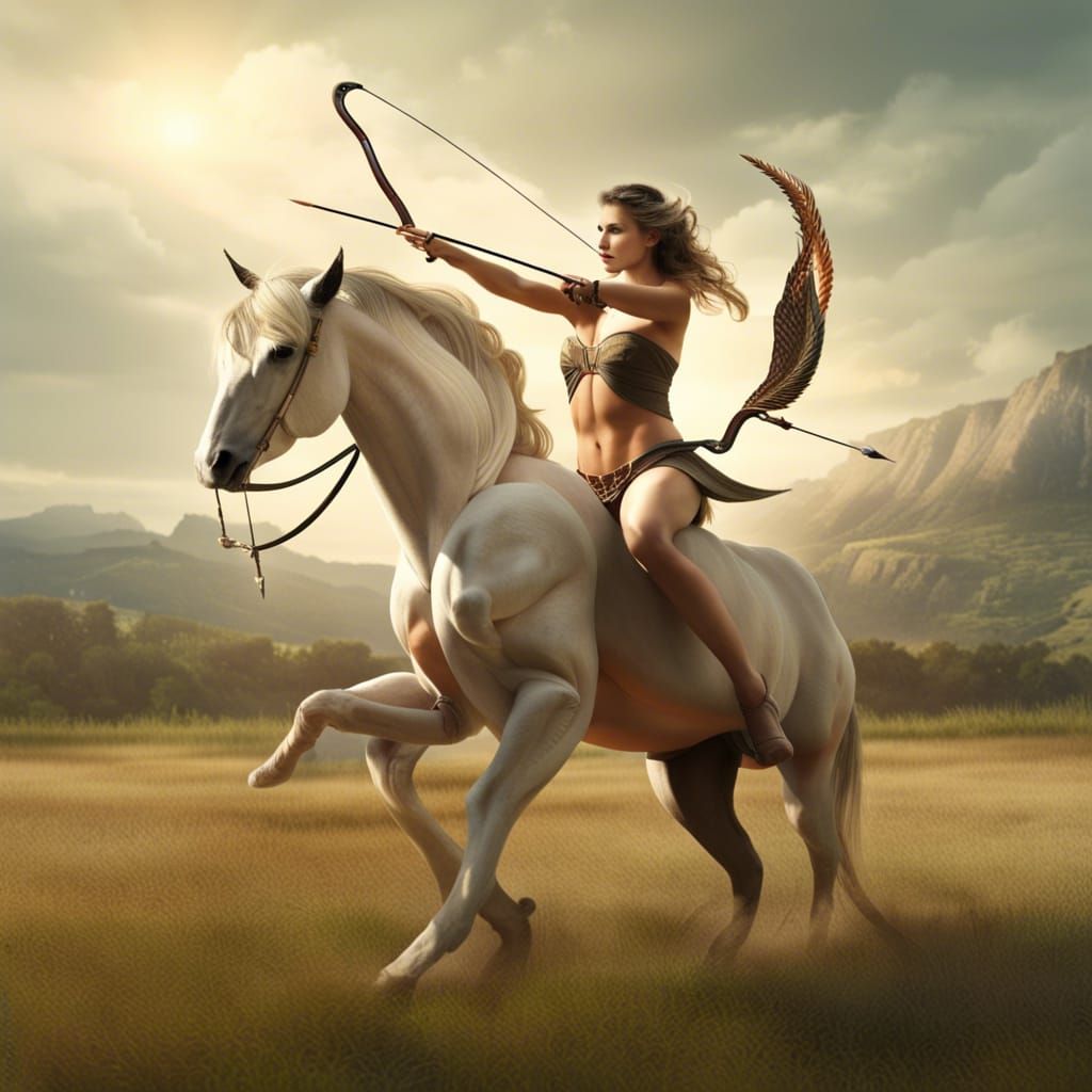 Centaur Huntress in Meadow: Greek Mythology