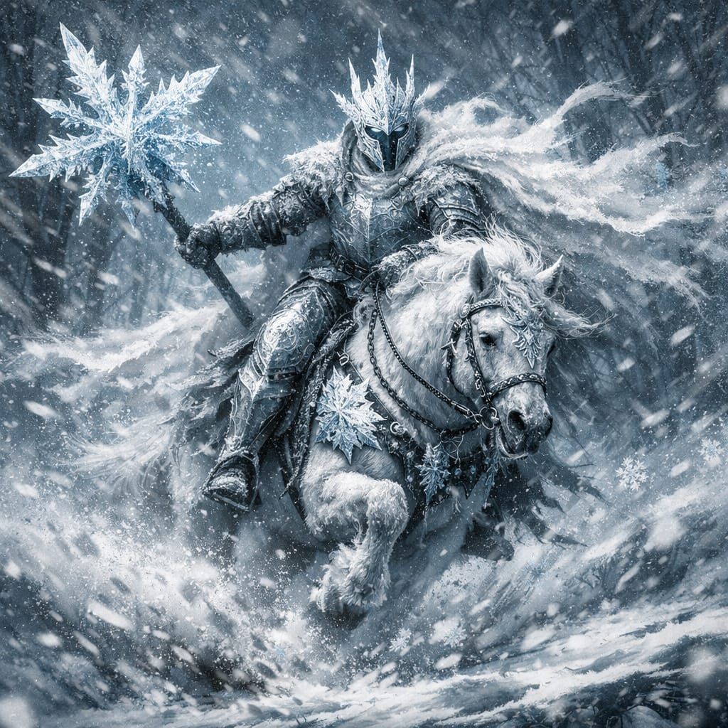 Snow Knight Rides Warhorse Through Haunted Winter Forest