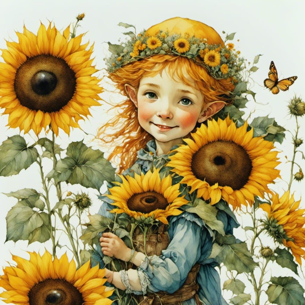Smiling Flower Elf with Sunflowers, Detailed Illustration
