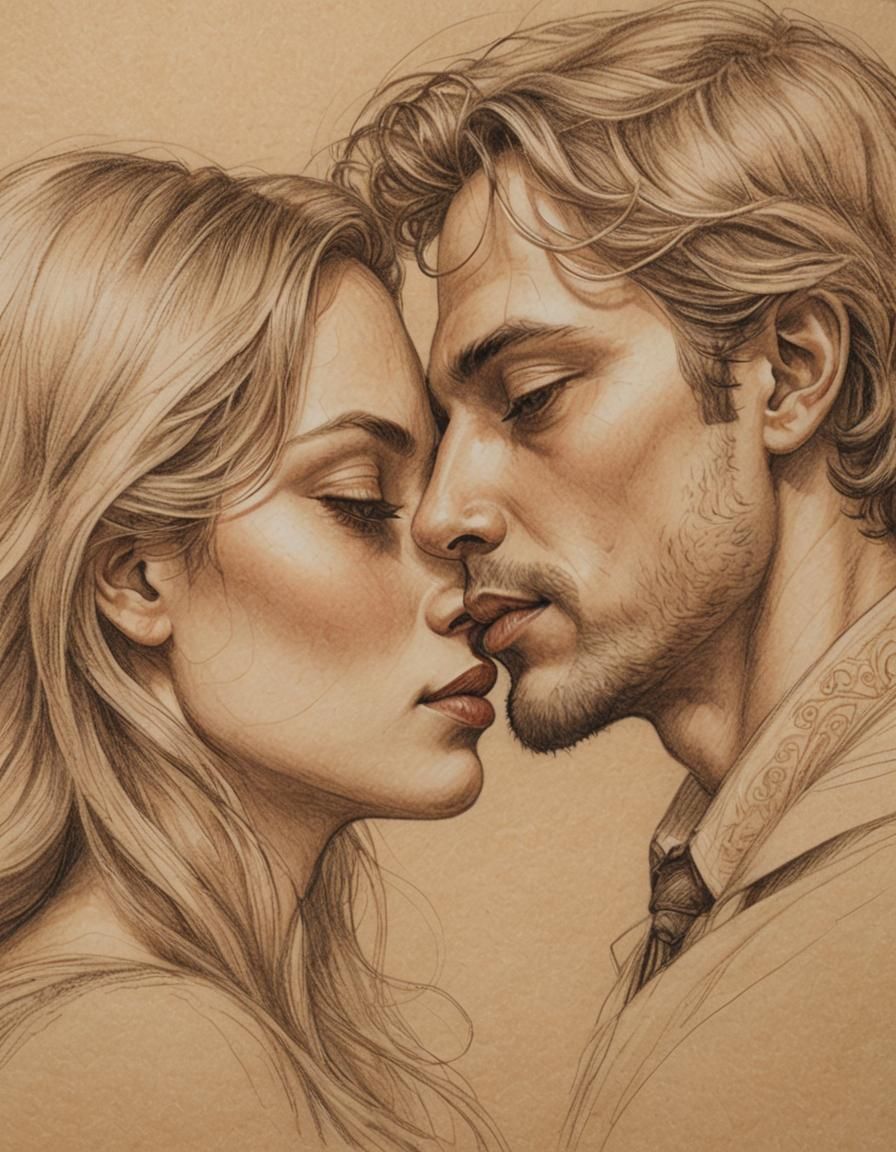 Romantic Kiss in Colored Pencil Line Art