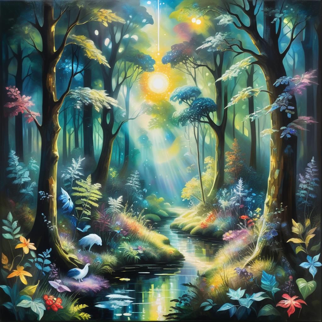 Radiant Jewel in Forest, Neo-Impressionist Oil Painting