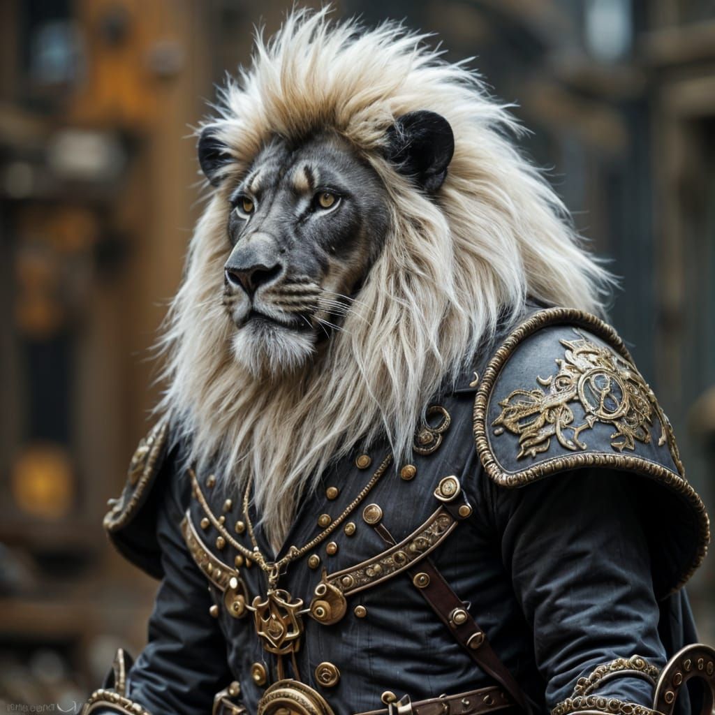 Steampunk Ebony Lion with White Mane