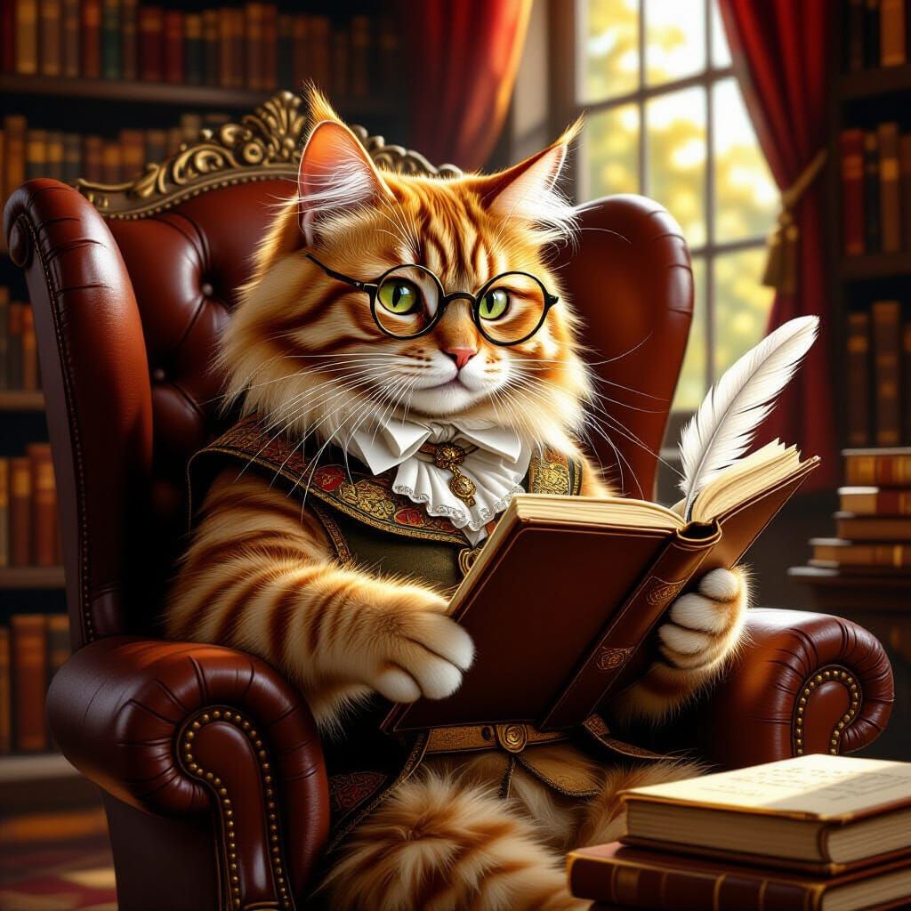 Ginger Tabby Cat Sits Reading in Cozy Library