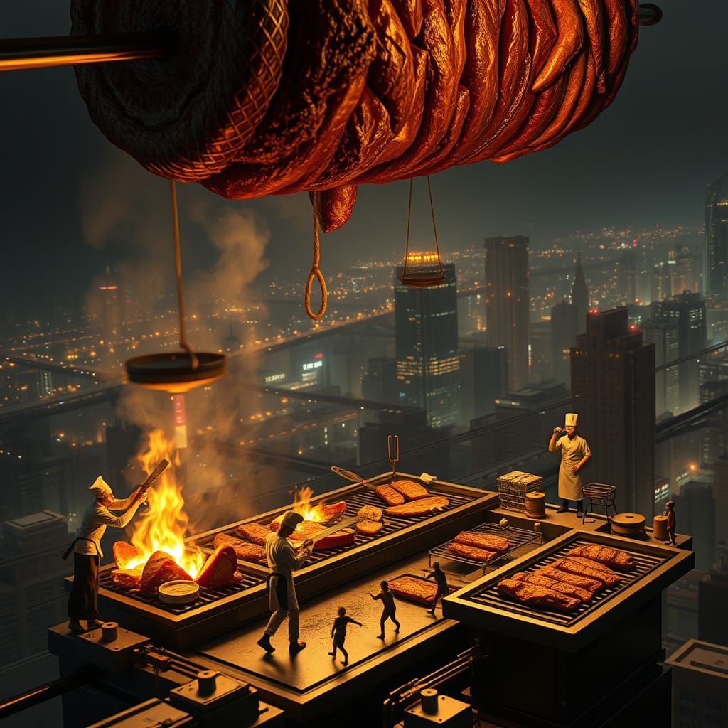 Giant Shawarma Skewer in Dystopian Metropolis
