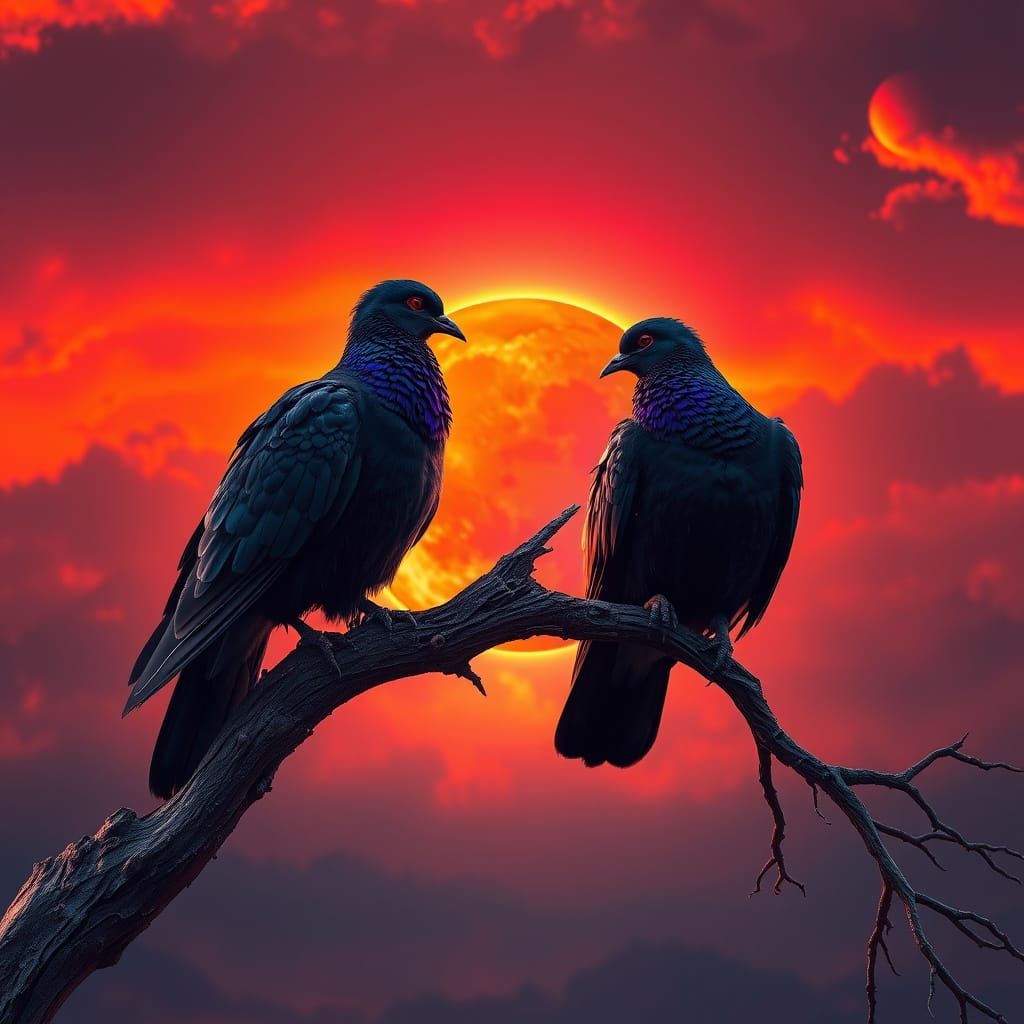 Black Doves Amidst Celestial Eclipse in Fiery Hues