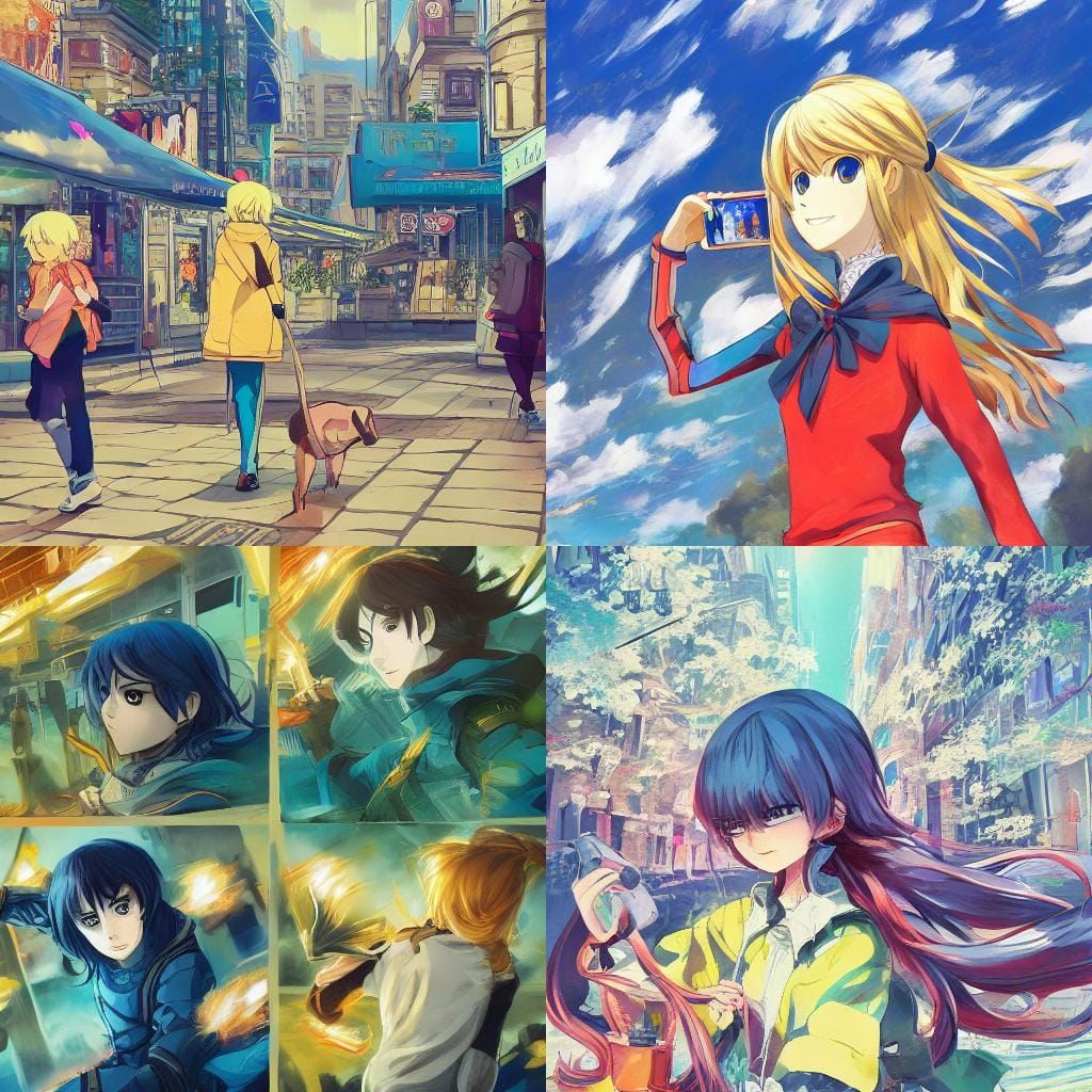 Anime Girl with Dog Promoting Phone in Manga Style