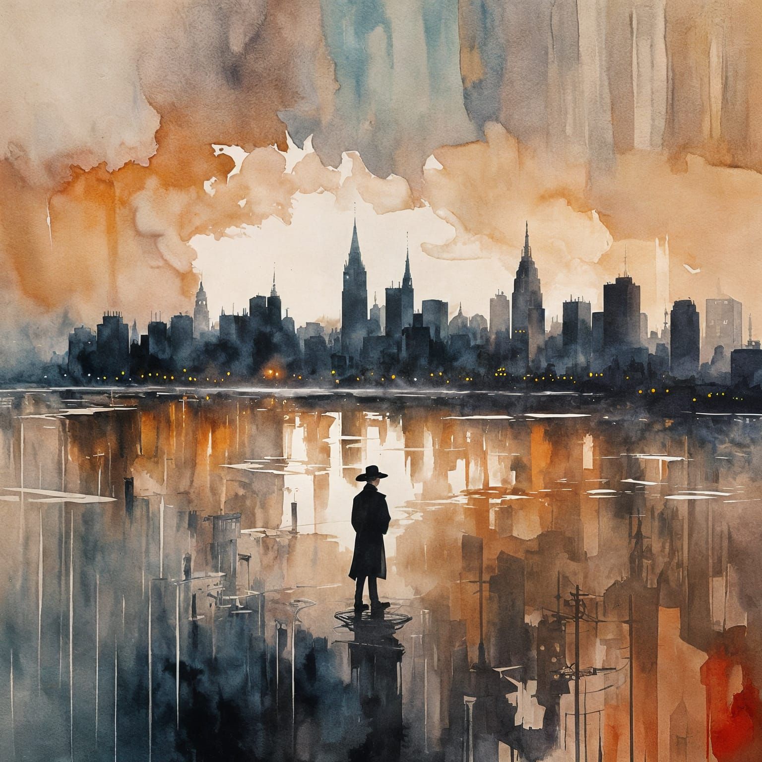 Man Watches Metropolis Sunrise in Retro Noir Gouache Style