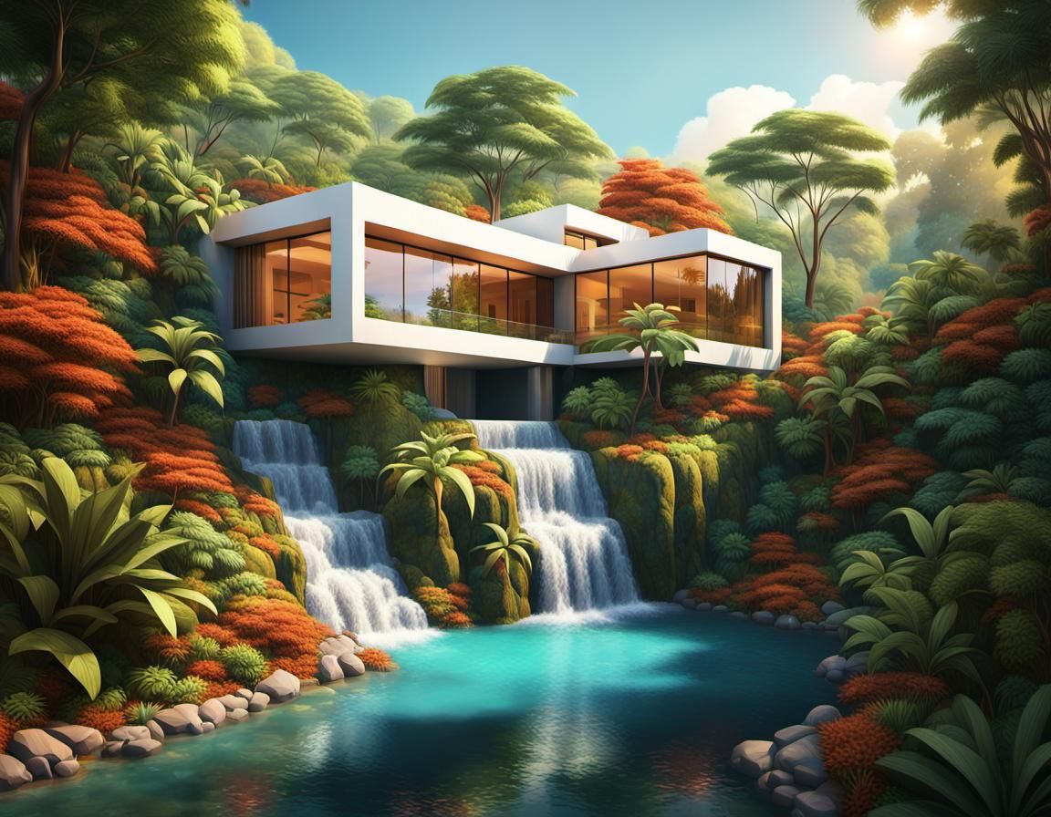 Minimalist House on Waterfall in Tropical Forest