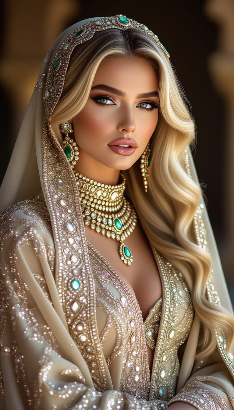 Elegant Blonde Model in Jewel-Encrusted Abaya