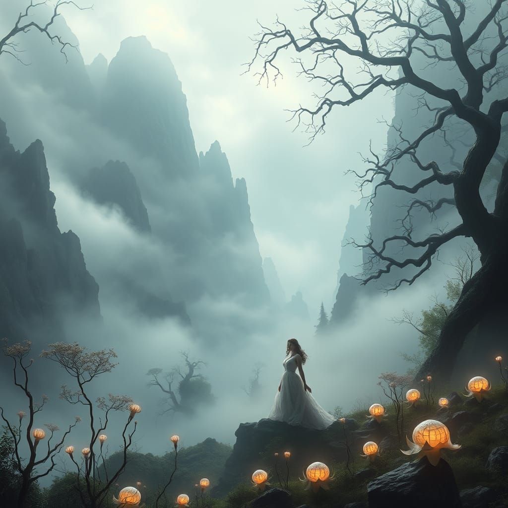 Otherworldly Realm: Woman in Misty Alien Landscape