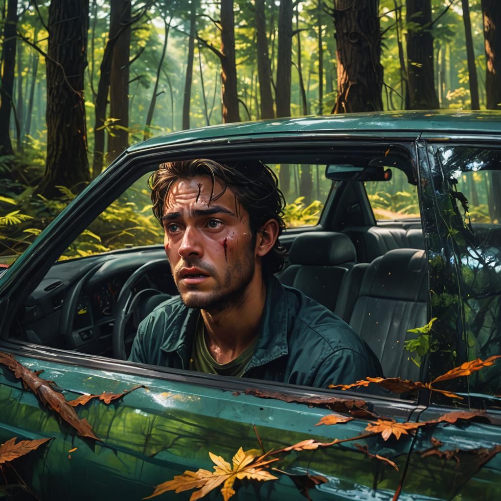 Frightened Awakening: Hyperrealistic Forest Car Scene