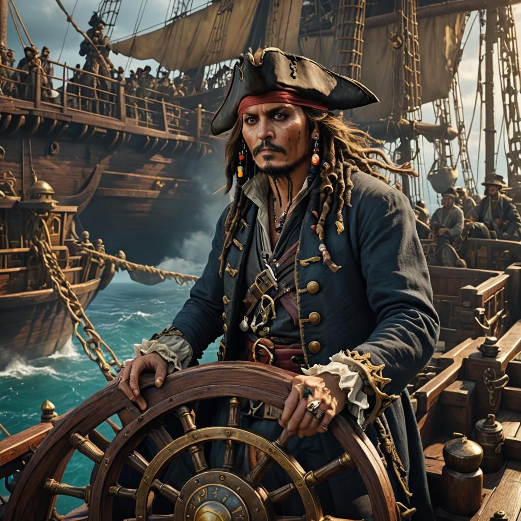 Pirate Captain at the Helm: Detailed Matte Painting
