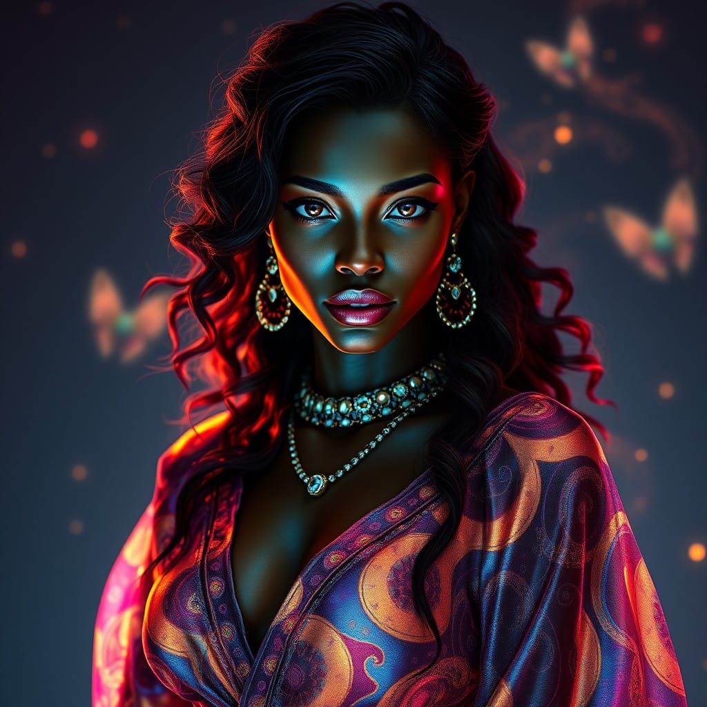 A Dark-Skinned Goddess in Ethereal Gown, Shimmering with Cel...