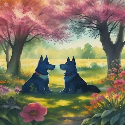 Watercolor Double Exposure of Dogs in Garden