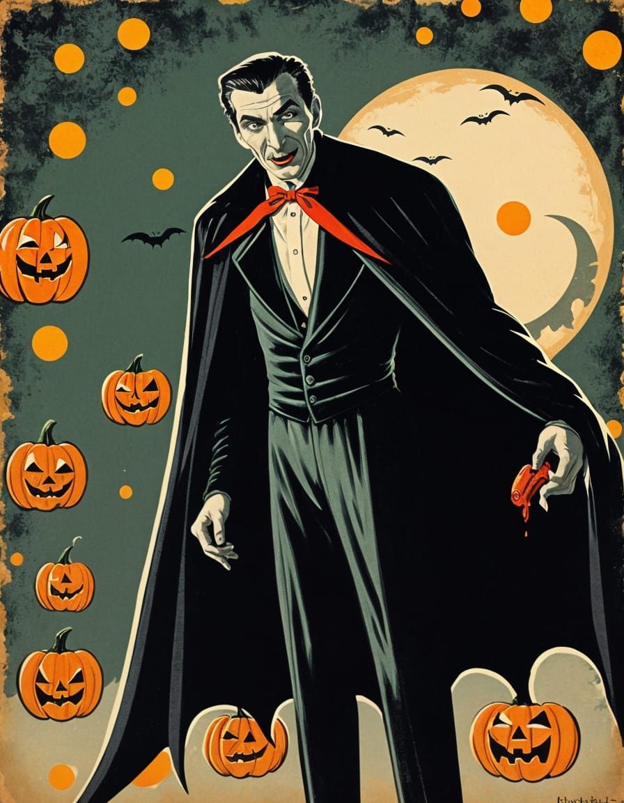 Vintage Dracula Halloween Postcard with Ben-Day Dots