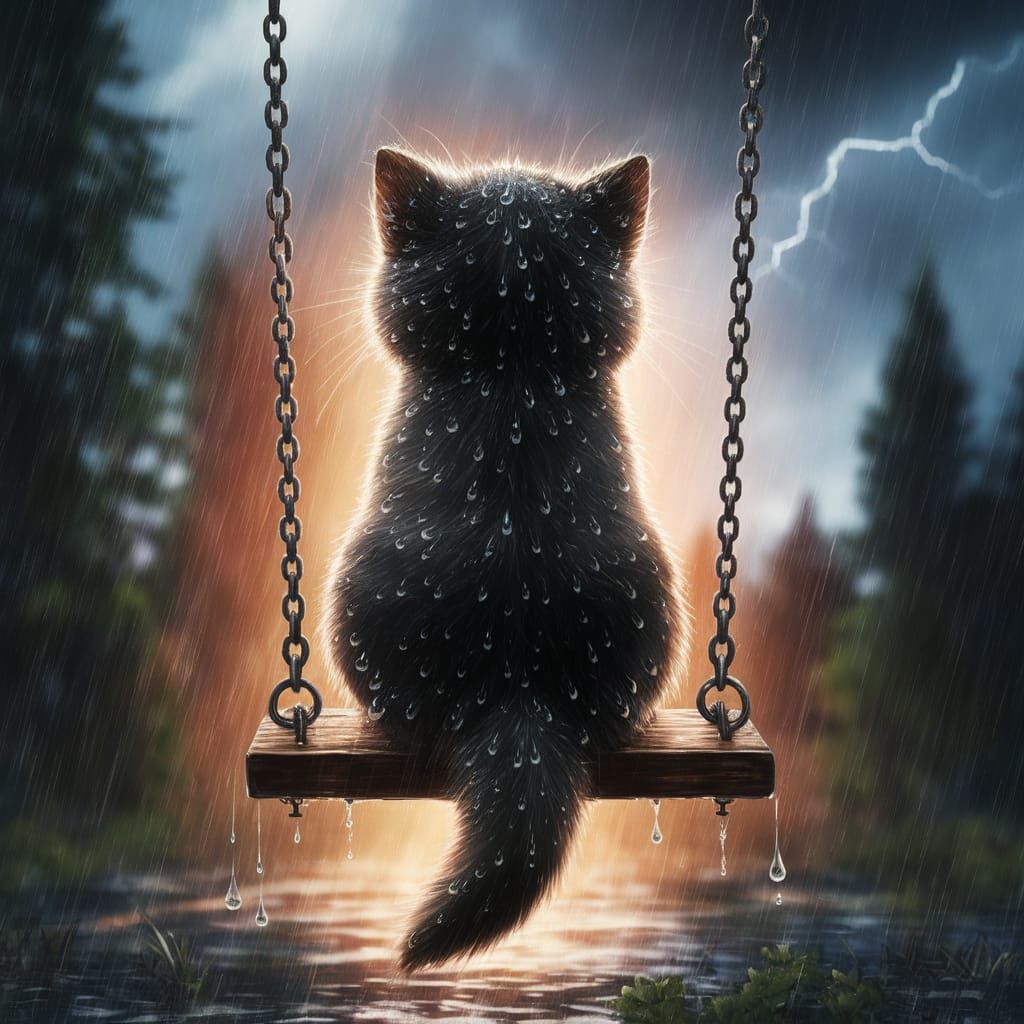 Cute Kitten Sits on Swing in Stormy Rainy Night Scene