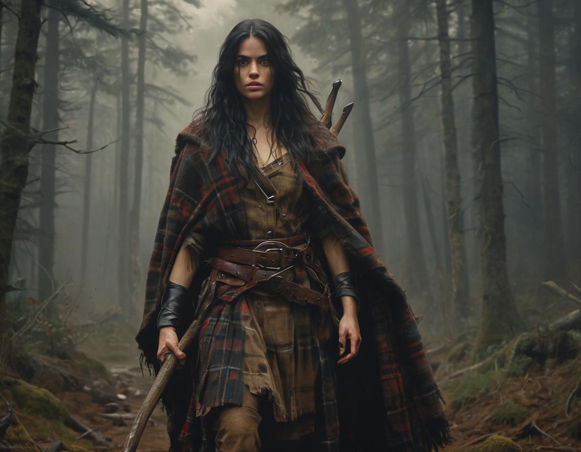 Heroic Huntress in Misty Forest, Oil Painting Style