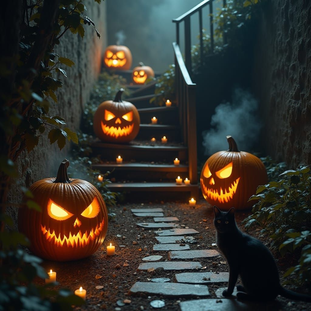 Mystical Halloween Scene with Candlelit Path and Carved Pump...
