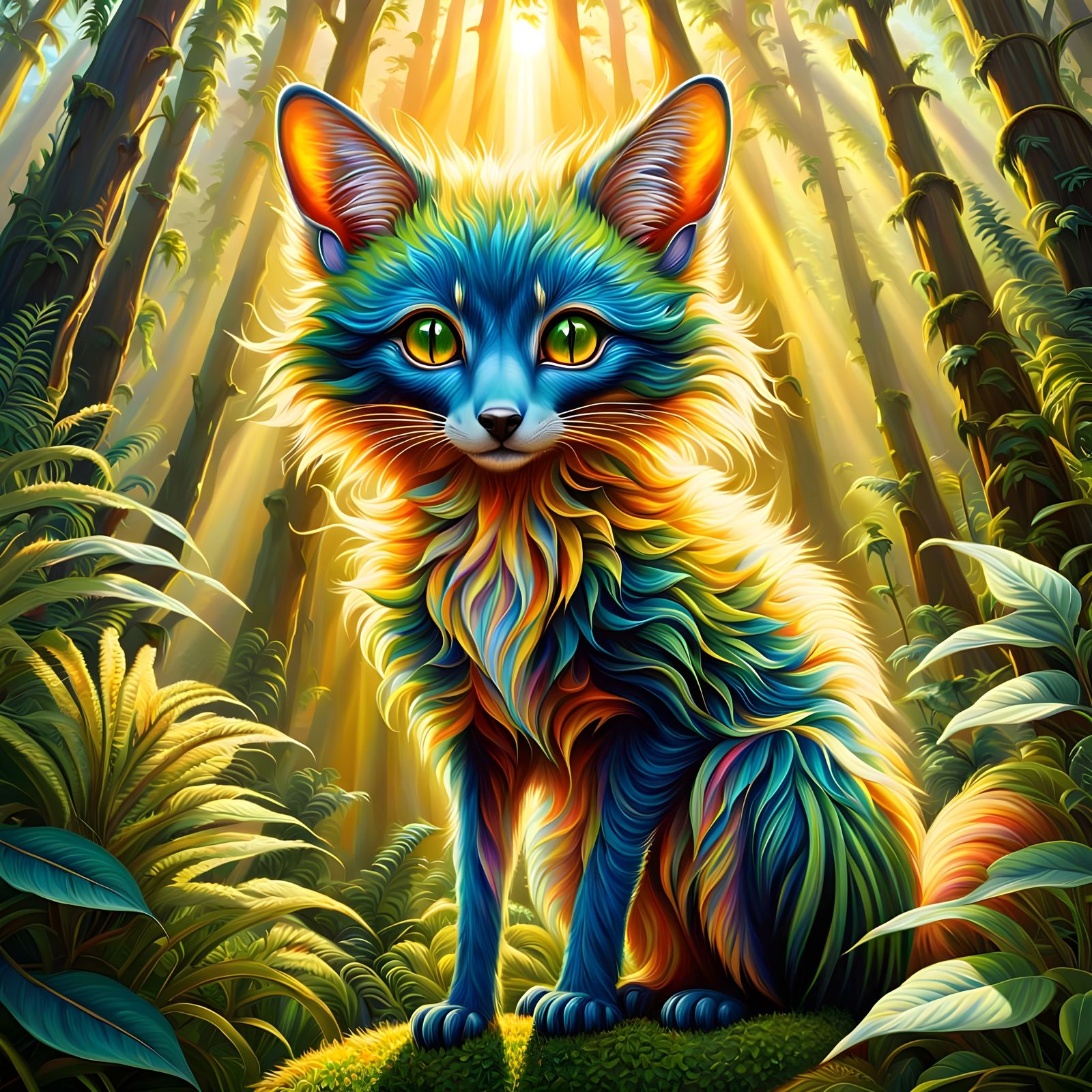 Vibrant Alien Amidst Verdant Landscape in Oil Painting Style