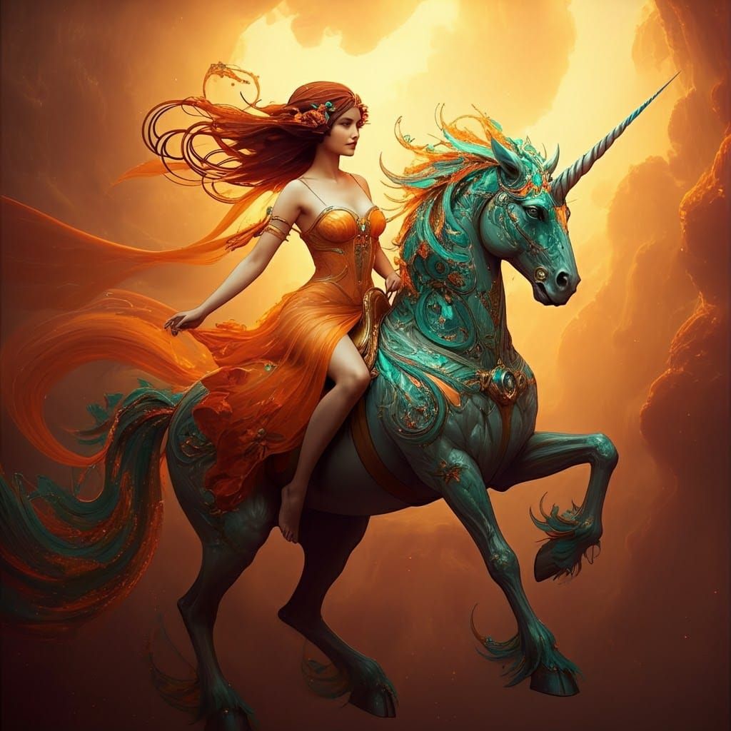 Woman Riding Unicorn Splash Art: Hyper-Detailed 8K