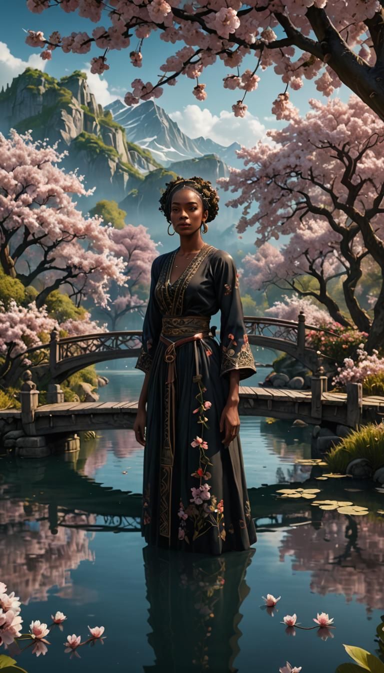 Woman on Bridge with Cherry Blossoms: Fantasy Art