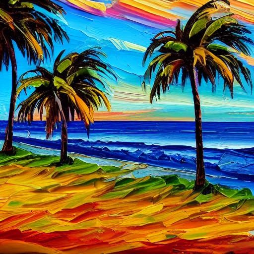 Tropical Beach Sunset: Impasto Oil Painting