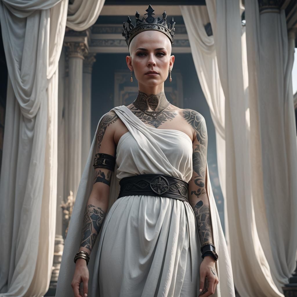 Bald Tattooed Woman with Crown: Fantasy Art