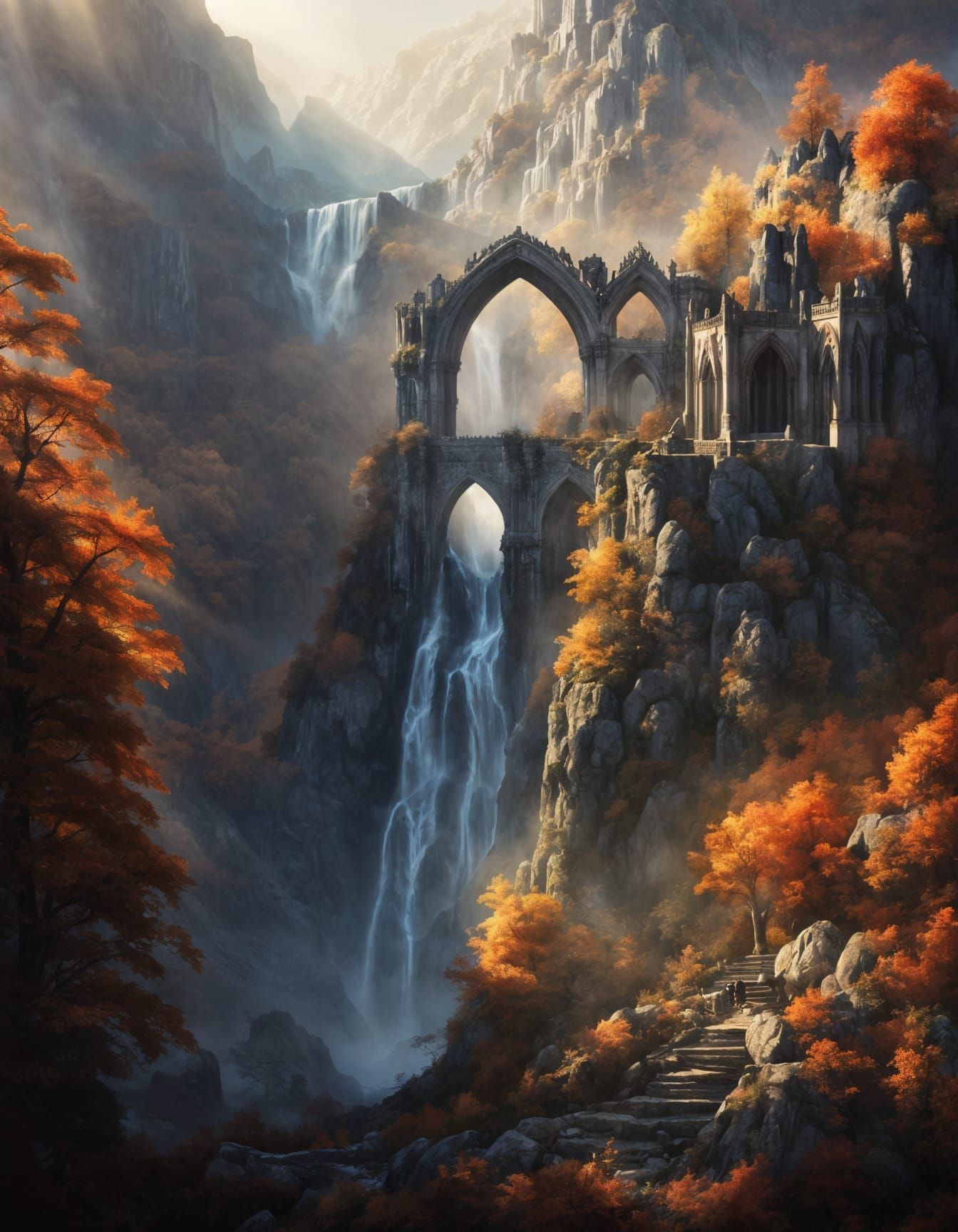 Misty Mountainside Gothic Ruins With Waterfall