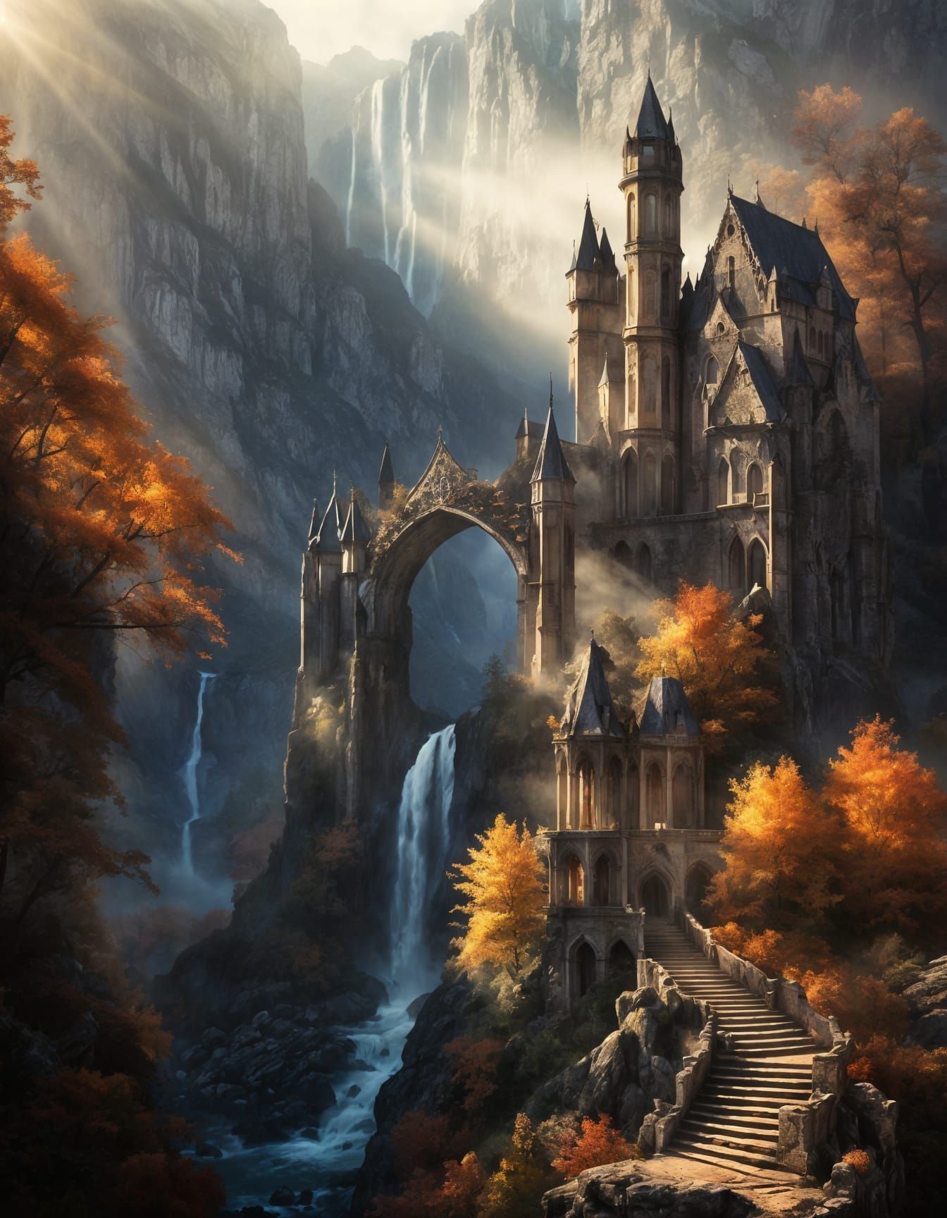 Gothic Mountain Ruins with Misty Waterfall, Autumn Palette