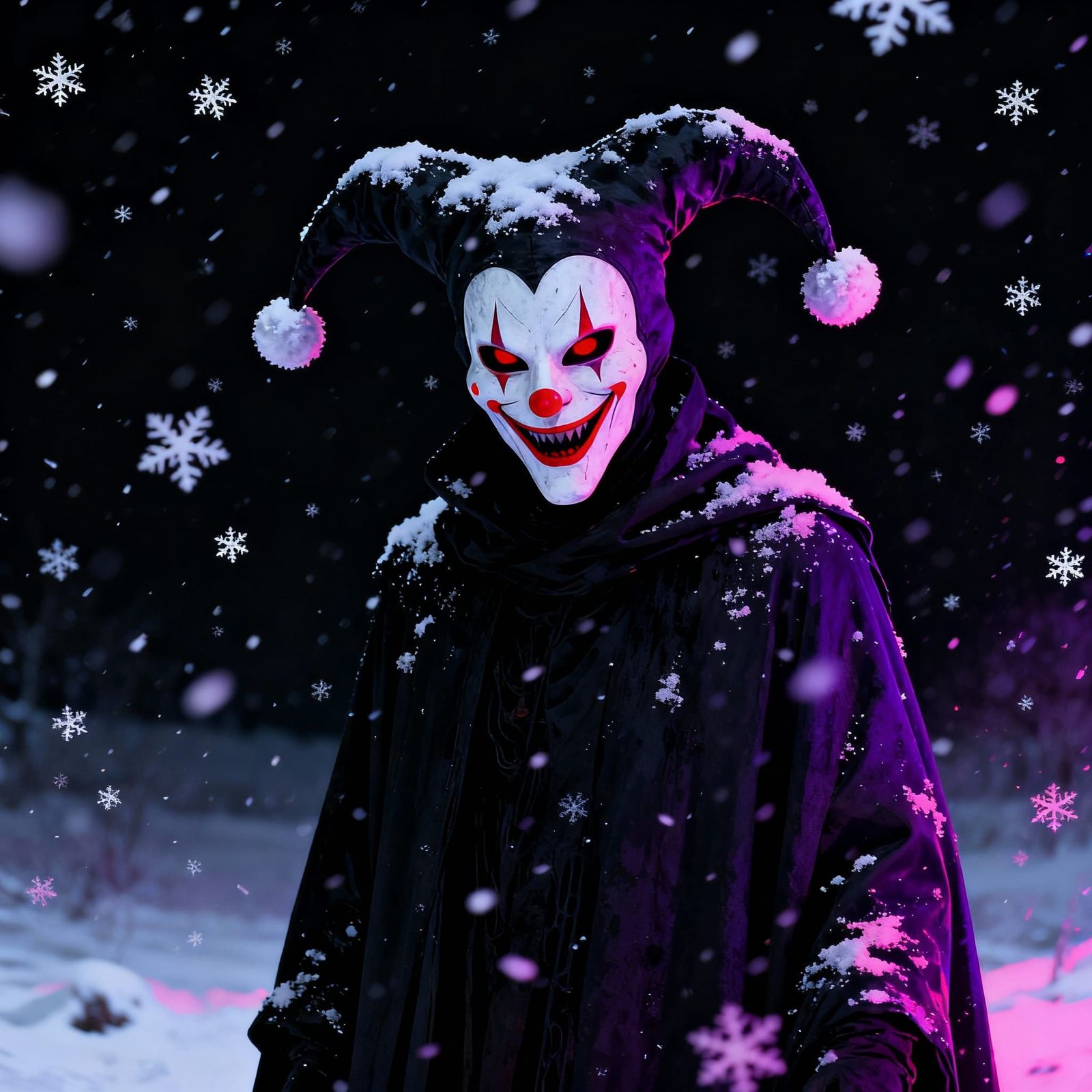 Eerie Jester in Snowy Night, Neon Glow