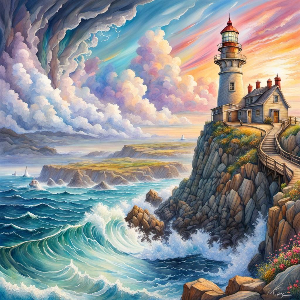Lighthouse on a Cliff near a wild sea