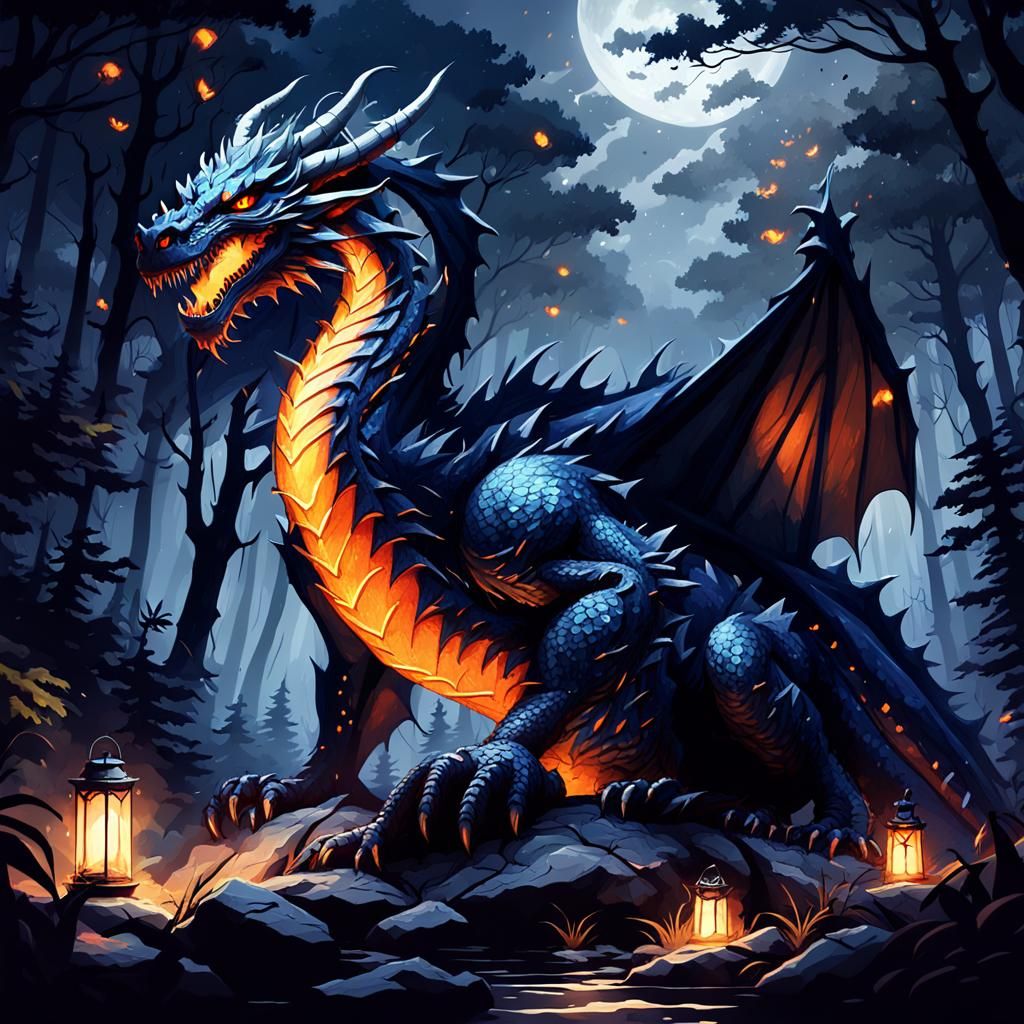 Navy Dragon with Glowing Eyes in Dark Forest