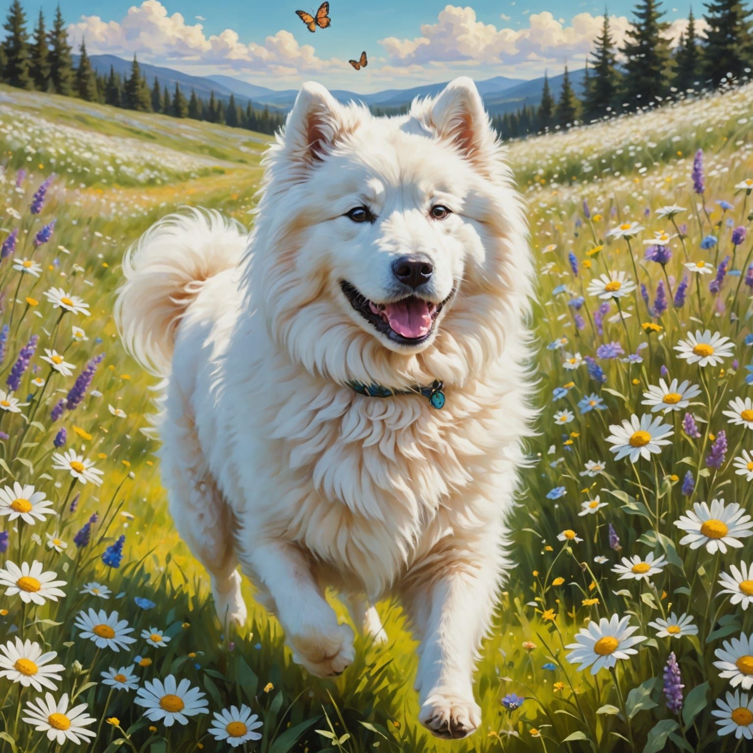 Whimsical Samoyed Dog in a Field of Wildflowers