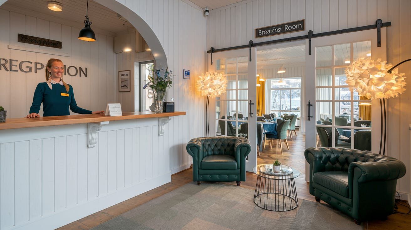 Cozy Nordic Hotel Lobby with Friendly Receptionist