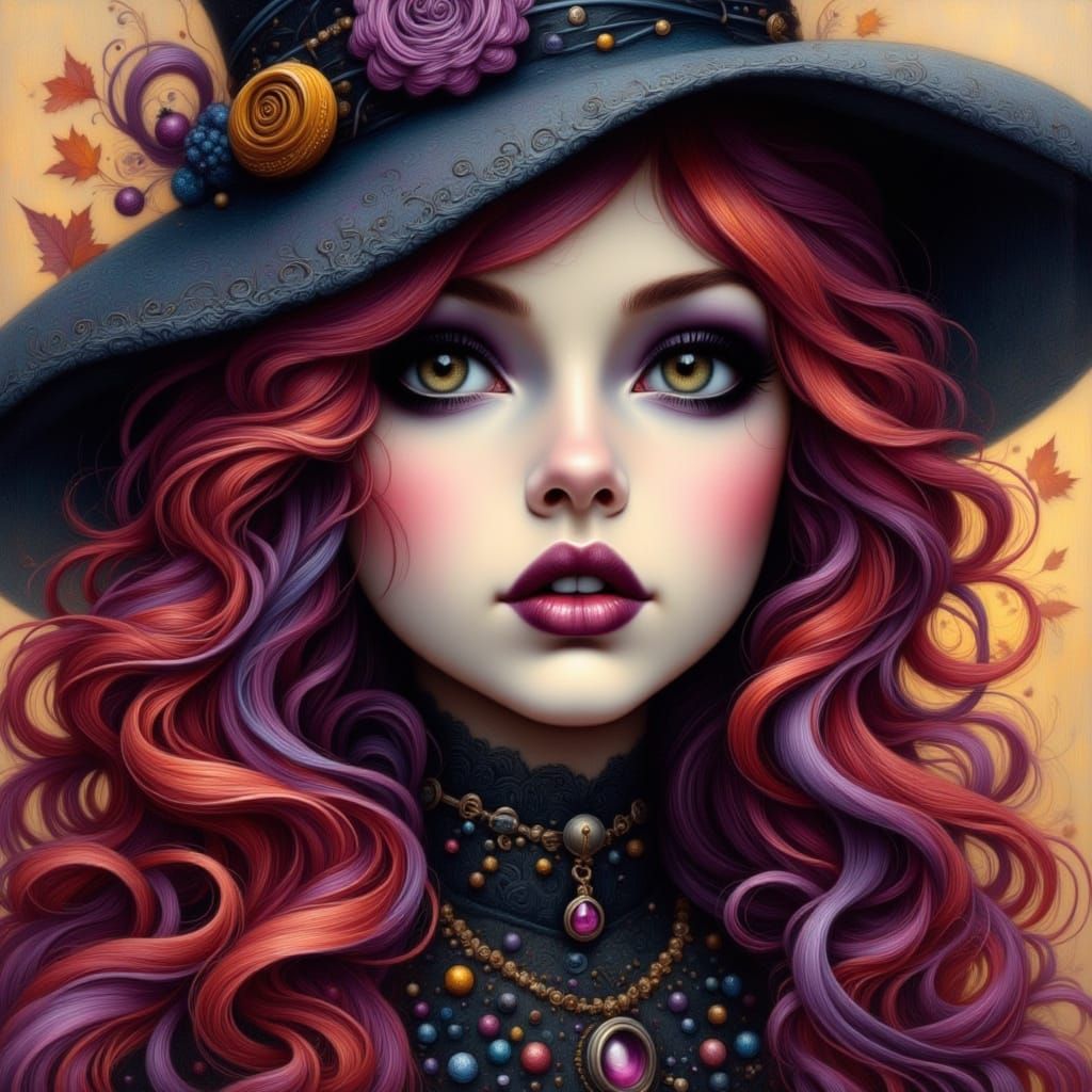Whimsical Witch Portrait with Autumn Watercolor Background