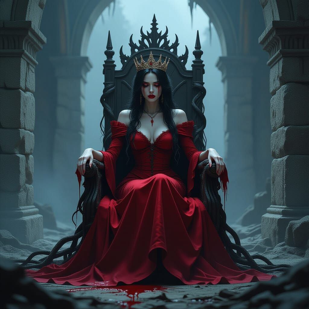 Sorrowful Queen on Root Throne in Dark Fantasy Art