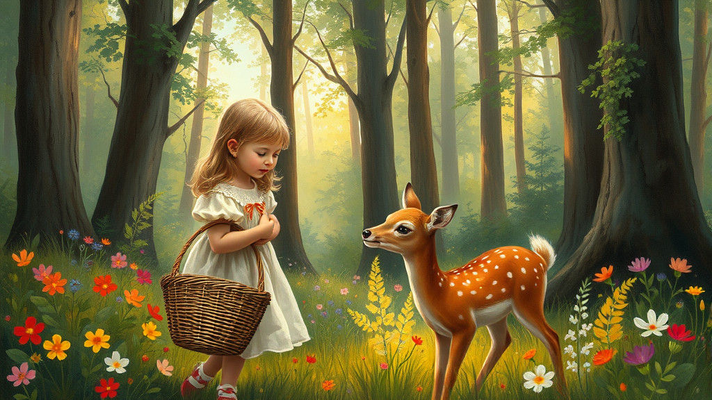 Whimsical Forest Scene with Girl and Fawn