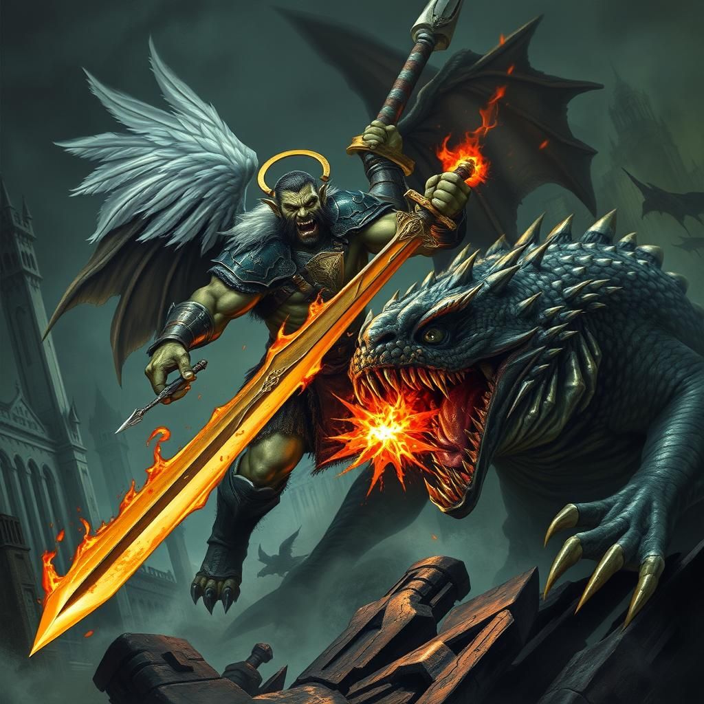 Ogre Angel Battles Lizard Demon in Gothic Cityscape
