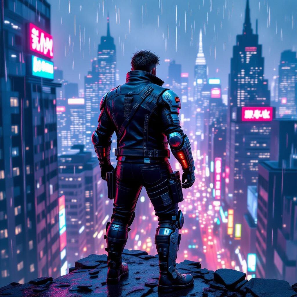 Cyberpunk Biker Overlooking Neon Cityscape